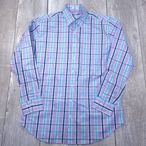 Peter Millar Button Down Shirt Mens Large Purple Teal Plaid Long Sleeve Cotton